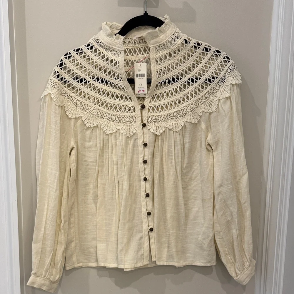 NWT Anthropologie Pilco Lace Yoke Peasant Elegant Cream Lace Blouse - Picture 6 of 11